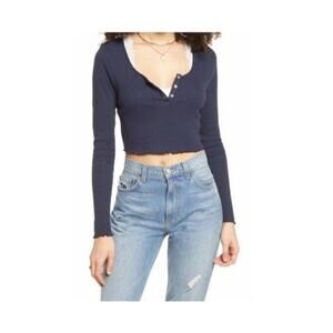 BP Navy Long Sleeve Ribbed Henley Crop Top - S